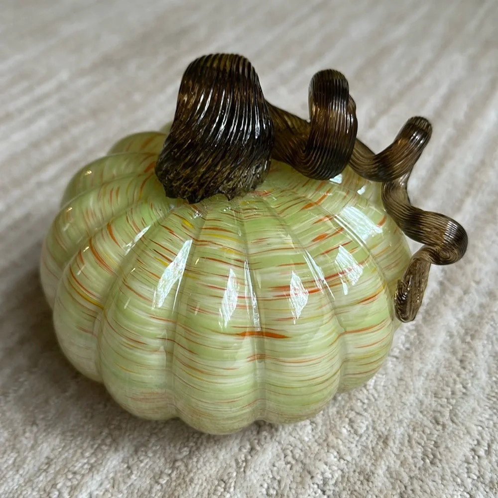 Hand Blown Art Glass Pumpkin Green Orange Flecks Twisted Reeded Clear Stem 5”x4”